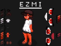 Rule 34 | 1girl, bike shorts, black background, black hair, black hat, black shorts, character name, color guide, colored skin, covered navel, full body, hat, highres, looking at viewer, original, pixel art, red eyes, red skin, sandals, shirt, short hair, short sleeves, shorts, simple background, smile, solo, standing, teeth, white shirt, xmias