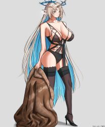 1girl absurdres black_thighhighs blonde_hair breasts cartethyia_(wuthering_waves) elf eric_tran fleurdelys_(wuthering_waves) high_heels highres horns large_breasts lingerie long_hair mature_female md5_mismatch pointy_ears self-upload solo tall_female thighhighs thighs underwear very_long_hair wuthering_waves