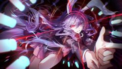 1girl animal_ears black_jacket blazer clenched_teeth collared_shirt commentary_request crescent crescent_pin danmaku finger_gun floating_hair hair_between_eyes highres jacket kyusoukyu long_hair long_sleeves looking_at_viewer necktie outstretched_arms pink_eyes pink_skirt pleated_skirt purple_hair rabbit_ears red_necktie reisen_udongein_inaba shirt skirt solo teeth touhou very_long_hair white_shirt
