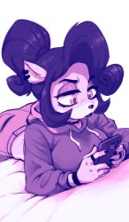1girl animal_ears animal_nose ass bed black_lips black_nails body_fur bored bracelet cellphone coco_bandicoot crash_bandicoot_(series) denim earrings furry furry_female high_ponytail highres hood hoodie jeans jewelry midriff monochrome nitrodraws pants phone ponytail ring smartphone two-tone_fur