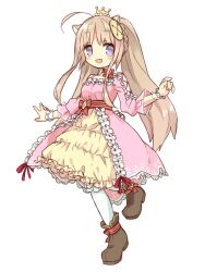 Rule 34 | ahoge, animal ears, balloonpig alma, boots, brown boots, brown hair, crown, dress, emil chronicle online, frilled dress, frills, long hair, open mouth, pig ears, pig girl, pink dress, ponytail, purple eyes, red ribbon, ribbon, shinomaru hajime, standing, standing on one leg, thighhighs, white background, white thighhighs
