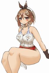 1girl animated animated_gif atelier_(series) atelier_ryza blush breasts brown_eyes brown_hair cleavage earrings gloves gmkm7345 hat jewelry large_breasts necklace reisalin_stout shirt shorts sitting slapping thick_thighs thighs