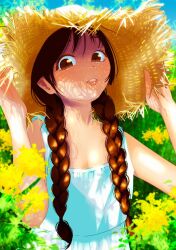1girl braid brown_eyes brown_hair camisole day flower hat hh79ptkarma highres looking_at_viewer original parted_lips solo straw_hat summer twin_braids white_camisole