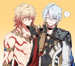 Rule 34 | 2boys, ?, abs, anger vein, antenna hair, arm tattoo, armlet, armor, bl tarock, black choker, black coat, black shirt, blonde hair, blue cape, blue eyes, blush, braid, cape, chest tattoo, choker, clawed gauntlets, coat, commentary request, gold necklace, gradient background, gradient hair, hair between eyes, honkai: star rail, honkai (series), jewelry, korean commentary, looking at another, male focus, medium hair, multicolored hair, multiple boys, mydei (honkai: star rail), necklace, one eye closed, open clothes, open coat, pauldrons, phainon (honkai: star rail), red hair, red tattoo, shirt, short hair, shoulder armor, side braid, single pauldron, spoken question mark, tattoo, tearing up, toned, toned male, white background, white coat, white hair, yellow background, yellow eyes