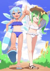 Rule 34 | 2girls, :d, ;), absurdres, arm up, arms behind back, asakura haru, bare arms, bare legs, bare shoulders, blue bow, blue eyes, blue hair, blush, bow, cirno, cloud, commentary request, cumulonimbus cloud, daiyousei, day, diffraction spikes, double-parted bangs, fairy wings, feathered wings, flip-flops, foreshortening, frills, from below, full body, green eyes, green hair, hair bow, highres, ice, ice wings, innertube, looking at another, multiple girls, one eye closed, open mouth, outdoors, pointing, sandals, short hair, side ponytail, sky, smile, swim ring, swimsuit, tan, tanline, tanned cirno, thigh gap, toes, touhou, v-shaped eyebrows, walking, wings