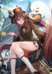 1girl absurdres architecture black_hat black_nails black_shorts blue_sky boo_tao_(genshin_impact) breasts brown_hair brown_shirt cat chinese_clothes commentary day dutch_angle east_asian_architecture fingernails fish flower flower-shaped_pupils food genshin_impact hair_between_eyes hat hat_flower highres holding holding_food holding_skewer hu_tao_(genshin_impact) kneehighs knees_together_feet_apart long_hair long_sleeves looking_at_viewer nail_polish one_eye_closed open_mouth outdoors plum_blossoms porkpie_hat red_eyes shirt short_shorts shorts sitting skewer sky small_breasts smile socks symbol-shaped_pupils thighs twintails very_long_hair white_socks yutoriko_(candy0905)