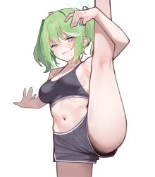 1girl arm_up armpits ass bare_arms bare_shoulders black_shirt black_shorts blue_eyes breasts cowboy_shot crop_top frown green_hair heok_bam highres leg_lift leg_up long_hair looking_at_viewer medium_breasts midriff navel shirt short_shorts shorts simple_background sleeveless sleeveless_shirt solo split standing standing_on_one_leg standing_split stellive stomach sweat thighs twintails uneven_eyes v-shaped_eyebrows virtual_youtuber white_background yuzuha_riko