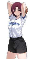 1girl absurdres alexandernadeau artist_request baseball_glove baseball_jersey baseball_uniform bazett_fraga_mcremitz belt black_belt black_shorts blue_undershirt breasts cowboy_shot fate/grand_order fate/hollow_ataraxia fate/stay_night fate_(series) highres jersey large_breasts looking_at_viewer los_angeles_dodgers nike_(company) pitching playing_sports purple_hair red_eyes short_hair shorts solo sportswear thighhighs white_background