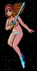 1girl alisa_landeel blue_eyes blue_socks breasts brown_hair collarbone covering_breasts covering_privates floating hairband holding holding_sword holding_weapon large_breasts long_hair looking_at_viewer navel nipples panties parted_lips phantasy_star phantasy_star_i pixel_art saiwai_hiroshi sega sky socks space star_(sky) starry_sky sword teeth topless_female underwear weapon white_panties