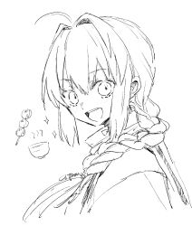 1other :d ahoge androgynous artist_name blush braid braided_ponytail citron80citron cup dango fate/samurai_remnant fate_(series) food greyscale hair_intakes highres japanese_clothes looking_at_viewer monochrome open_mouth sidelocks sketch skewer smile solo sparkle sparkling_aura teeth upper_teeth_only wagashi yamato_takeru_(fate)