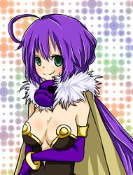 Rule 34 | 1girl, ahoge, alchemist (ragnarok online), arm under breasts, breasts, brown cape, brown dress, cape, cleavage, closed mouth, commentary request, dress, elbow gloves, fingerless gloves, fur collar, gloves, green eyes, large breasts, long hair, looking at viewer, meiko (nattu303), orange background, purple gloves, purple hair, ragnarok online, smile, solo, strapless, strapless dress, upper body, white background