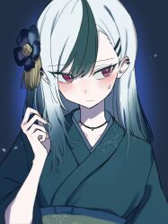 1girl black_hair blue_archive breasts demon_girl demon_horns highres horns insidecrocodile japanese_clothes kayoko_(blue_archive) kayoko_(new_year)_(blue_archive) long_hair looking_at_viewer multicolored_hair official_alternate_costume red_eyes small_breasts solo two-tone_hair white_hair