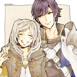 1boy 1girl arm_around_shoulder banira_(ri0115ka) black_robe blue_eyes blue_hair cape chrom_(fire_emblem) closed_eyes facing_viewer female_robin_(fire_emblem) fire_emblem fire_emblem_awakening grin hand_on_another&#039;s_shoulder happy hooded_robe long_hair looking_at_another nintendo open_clothes open_robe robe shirt short_hair smile teeth twintails white_cape white_hair white_shirt