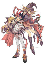 1boy 2girls blonde_hair boots carrying closed_mouth duel_monster colored_bangs fushitasu gagaga_girl grey_eyes hat holding lolita_fashion multiple_girls pants princess_carry princess_cologne red_eyes sharp_teeth shoes simple_background smile teeth tsukumo_yuma twitter_username white_background white_pants wizard_hat yu-gi-oh! yu-gi-oh!_zexal