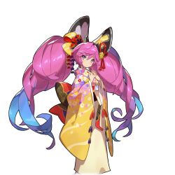 1girl bell blue_hair cleo_(dragalia_lost) dragalia_lost gradient_hair japanese_clothes kimono long_hair multicolored_hair obi official_art pink_eyes pink_hair saitou_naoki sash third-party_source yellow_kimono