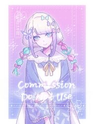 Rule 34 | 1girl, aegyo sal, alternate costume, apron, blonde hair, blue eyes, blue hair, blue kimono, blunt bangs, bow, braid, butterfly hair ornament, chouzetsusaikawa tenshi-chan, colored tips, commission, hair bow, hair ornament, hand on own arm, head tilt, highres, housewife, japanese clothes, kimono, koharustuki, lace, multicolored hair, multiple hair bows, neck ribbon, needy girl overdose, pink hair, ribbon, smile, solo, twin braids, upper body, watermark