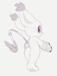 1girl animal_ears animal_feet animal_nose ass barefoot cat_ears cat_girl cat_tail claws closed_mouth completely_nude digimon digimon_(creature) female_focus from_behind full_body fur-tipped_tail furry furry_female gloves grey_background greyscale happy heel_up kekitopu looking_at_viewer looking_back monochrome nude paw_gloves pawpads profile simple_background sketch smile solo standing striped_tail tail tail_ornament tail_raised tail_ring tailmon whiskers