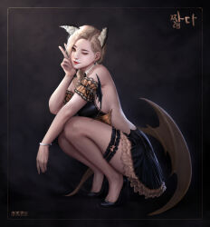 1girl absurdres animal_ears artist_name backless_outfit black_footwear black_skirt blonde_hair breasts earrings high_heels highres jagercoke jewelry large_breasts legs long_hair looking_at_viewer mabinogi mabinogi_heroes one_eye_closed sideboob skirt solo v wings