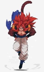 Rule 34 | 1boy, biceps, blue eyes, blue sash, body fur, dragon ball, dragon ball gt, gogeta, highres, looking at viewer, male focus, metamoran vest, monkey boy, monkey tail, muscular, muscular male, no nipples, pants, pectorals, red hair, relio db318, sash, simple background, smile, solo, spiked hair, super saiyan, super saiyan 4, tail, veins, veiny hands, white pants