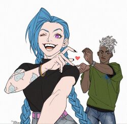 1boy 1girl ;d alternate_costume arcane:_league_of_legends arcane_jinx artist_name belt black_nails black_shirt blue_hair closed_mouth dark-skinned_male dark_skin denim dreadlocks drill_hair ekko_(league_of_legends) fangs firelight_ekko green_sweater heart jeans jinx_(league_of_legends) league_of_legends long_hair mush820823 nail_polish one_eye_closed open_mouth pants pink_belt shirt shirt_tucked_in short_sleeves shorts simple_background smile sweater teeth twin_drills upper_body white_background white_hair