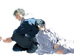 Rule 34 | 1other, 2boys, alien stage, black boots, black hair, black pants, boots, chi fuyu, closed eyes, coat, commentary, grey hair, hashtag-only commentary, highres, hood, hoodie, ivan (alien stage), jacket, leaning on person, long sleeves, male focus, multiple boys, on one knee, pants, shirt, short hair, signature, smile, till (alien stage), very short hair, white coat, white pants, white shirt
