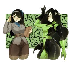 Rule 34 | absurdres, alohapz, belt, black gloves, black hair, black lips, blazer, blue shirt, blush, bodysuit, book, breasts, colored skin, gloves, green eyes, green gloves, green skin, highres, jacket, kim possible (series), large breasts, long hair, looking at viewer, medium breasts, pantyhose, pencil skirt, shego, shirt, skirt, smile, very long hair