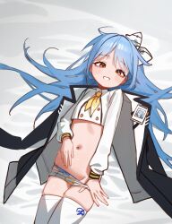 Rule 34 | 1girl, absurdres, bed sheet, blue hair, bow, from above, goddess of victory: nikke, grin, hair bow, highres, holypotato0, id card, long hair, long sleeves, looking at viewer, lying, navel, on back, panties, pulling own clothes, shirt, shorts, sky (nikke), smile, solo, stomach, thighhighs, underwear, white bow, white shirt, white shorts, white thighhighs, yellow eyes