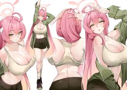 1girl :o adjusting_hair ahoge alternate_costume arm_behind_head arms_up black_shoes blue_archive blush breasts brown_skirt cleavage closed_mouth full_body gradient_hair green_shirt hair_between_eyes hair_intakes halo hanako_(blue_archive) highres large_breasts long_hair looking_at_viewer midriff multicolored_hair multiple_views navel off_shoulder open_clothes open_mouth open_shirt pink_hair pink_halo pumiss shirt shoes simple_background skirt smile socks sports_bra striped_clothes striped_shirt thighs vertical-striped_clothes vertical-striped_shirt white_background white_socks white_sports_bra