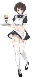 1girl :t alternate_costume apron black_shoes bow bowtie breasts brown_hair crop_top dessert drinking_straw food frills fruit full_body gluteal_fold green_eyes hair_ornament highres holding hololive kakeru_(kakeruanim) large_breasts looking_at_viewer maid maid_apron maid_headdress navel oozora_subaru panties parfait serving shoes short_apron short_sleeves simple_background skindentation skirt solo standing strawberry thighhighs thighs tray unconventional_maid underwear virtual_youtuber watermelon watermelon_slice whipped_cream white_apron white_background white_panties wrist_cuffs zettai_ryouiki