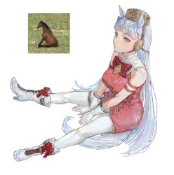 Rule 34 | 1girl, absurdres, amel 303, animal ears, blunt bangs, boots, bow, bowtie, breasts, brown hat, dress, ear covers, expressionless, full body, gloves, gold ship (umamusume), grey hair, hashtag-only commentary, hat, high heel boots, high heels, highres, horse ears, horse girl, horse tail, large breasts, long hair, pants, photo-referenced, pillbox hat, purple eyes, red bow, red bowtie, red dress, reference inset, short dress, simple background, sitting, sleeveless, sleeveless dress, solo, tail, taut clothes, taut dress, umamusume, white background, white boots, white gloves, white pants