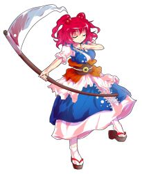 1girl black_sandals blue_dress brown_sash closed_eyes closed_mouth commentary_request dairi dress full_body hair_bobbles hair_ornament highres holding holding_scythe large_variant_set looking_at_viewer obi okobo onozuka_komachi platform_sandals red_hair sandals sash scythe short_hair short_sleeves socks solo standing tabi tachi-e touhou two_side_up variant_set white_socks