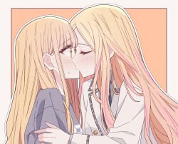 2girls black_necktie blonde_hair blush border closed_eyes collared_shirt commentary from_side fujita_kotone gakuen_idolmaster grey_shirt hand_on_another&#039;s_arm highres idolmaster jacket juo_sena kiss kousaka_0v0 long_hair multicolored_hair multiple_girls necktie orange_background orange_hair outline pink_hair shirt simple_background streaked_hair sweatdrop upper_body white_border white_jacket white_outline yuri
