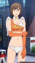 Rule 34 | 1girl, absurdres, angel wings, anime screenshot, ass, bikini, bob cut, breasts, cleavage, collar, crop top, elbow gloves, gloves, highres, kurihara kyoko, looking at viewer, makeup, medium breasts, mf ghost, panties, race queen, screencap, short hair, solo, standing, stitched, swimsuit, third-party edit, underwear, white panties, wings