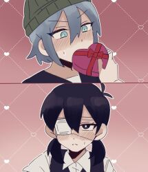 Rule 34 | 1boy, 1girl, andou (sino spkt), aubrey (faraway) (omori), aubrey (omori), bandaged fingers, bandages, beanie, black eyes, black hair, black vest, blue eyes, blue hair, blush, box, eyepatch, genderswap, genderswap (ftm), genderswap (mtf), green headwear, grey hair, hat, heart-shaped box, medical eyepatch, omori, red ribbon, ribbon, shirt, short twintails, sunny (omori), twintails, valentine, vest, white shirt