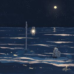 Rule 34 | 1other, absurdres, astronaut, backpack, bag, commentary, fish, flying fish, full moon, gloves, glowing, helmet, highres, horizon, kazunoko (kazunoko zunoco), looking at object, looking to the side, moon, night, night sky, ocean, original, outdoors, shore, sky, solo, space helmet, spacesuit, standing, star (sky), starry sky, traffic light, wading, white gloves