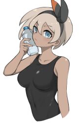 Rule 34 | 1girl, bare arms, bea (pokemon), black bodysuit, black hairband, blonde hair, blue eyes, bodysuit, bottle, bottle to cheek, bow hairband, breasts, closed mouth, collarbone, commentary request, covered navel, eyelashes, hair between eyes, hairband, hand up, highres, holding, holding bottle, medium breasts, nintendo, pokemon, pokemon swsh, short hair, simple background, solo, sweatdrop, tsuneshima, upper body, water bottle, white background