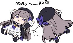 1girl arms_up beret black_headwear blunt_bangs blush_stickers brown_hair chibi choker dress flower full_body hair_flower hair_intakes hair_ornament half-closed_eyes hat herta_(honkai:_star_rail) herta_(puppet)_(honkai:_star_rail) highres honkai:_star_rail honkai_(series) jitome long_hair long_sleeves motion_lines multiple_views open_mouth outstretched_arms purple_choker purple_eyes purple_flower rolling sesield sidelocks simple_background triangle_mouth very_long_hair white_background white_dress