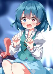 1girl blue_eyes blue_hair blue_skirt blue_vest blurry blurry_background blush commentary_request hands_up heterochromia highres juliet_sleeves karakasa_obake long_sleeves open_mouth puffy_sleeves red_eyes ruu_(tksymkw) shirt short_hair skirt solo surprised sweat tatara_kogasa touhou umbrella vest white_shirt wide-eyed