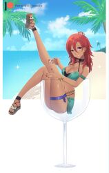 Rule 34 | 1girl, absurdres, bare shoulders, beach, bikini, bracelet, breasts, choker, cleavage, dark-skinned female, dark skin, fire emblem, fire emblem: three houses, fire emblem heroes, food, glass, green bikini, hapi (fire emblem), hapi (summer) (fire emblem), highres, holding, holding spoon, ice cream, jewelry, large breasts, leg up, lilshironeko, navel, nintendo, official alternate costume, outdoors, palm tree, platform sandals, red eyes, red hair, sandals, shaved ice, sitting, solo, spoon, stomach, swimsuit, tree, water
