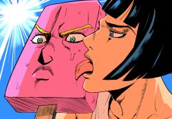 2boys black_hair blue_eyes bruno_bucciarati commentary_request food giorno_giovanna green_eyes jojo_no_kimyou_na_bouken licking male_focus meme multiple_boys mushi_gyouza objectification popsicle sun taste_of_a_liar_(meme) vento_aureo