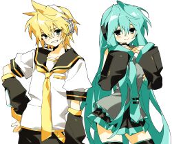 Rule 34 | 1boy, 1girl, absurdres, aqua eyes, aqua hair, black sleeves, closed mouth, cowboy shot, detached sleeves, grey shirt, grin, hatsune miku, highres, hynn0x x, kagamine len, long hair, looking at viewer, shirt, short hair, simple background, sleeveless, sleeveless shirt, smile, teeth, very long hair, vocaloid, white background, white shirt