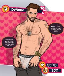 Rule 34 | 1boy, beard, brown hair, character name, clothes pull, date everything, dorian (date everything), english text, facial hair, grey pants, heart, highres, jewelry, key, key necklace, like and retweet, male focus, male underwear, muscular, muscular male, necklace, nipples, open pants, pants, pants pull, pectorals, rustic (rusticfurnace), speech bubble, tattoo, topless male, twitter strip game, underwear, undressing, white male underwear