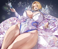1girl absurdres blonde_hair blue_lips breasts choker cleavage cowboy_shot cup diamond_(gemstone) earrings emma_frost hand_up highres holding holding_cup huge_breasts jewelry leotard long_sleeves lying marvel marvel_rivals puzenketsu short_hair signature solo thick_thighs thighs white_leotard wide_hips
