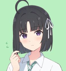 Rule 34 | 1girl, ahoge, alternate hair length, alternate hairstyle, awa subaru, black hair, blunt bangs, blush, bob cut, collared shirt, commentary request, dress shirt, flying sweatdrops, frown, girls band cry, green background, highres, looking at viewer, medium hair, mimori (mimori 05), portrait, purple eyes, shirt, simple background, solo, white shirt