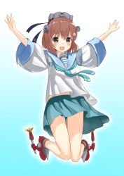 Rule 34 | 1girl, aqua neckerchief, blue background, blue neckerchief, blue skirt, brown eyes, brown hair, cosplay, gradient background, headgear, highres, jumping, kantai collection, neckerchief, outstretched arms, parody, rudder footwear, sailor collar, sailor shirt, samuel b. roberts (kancolle), samuel b. roberts (kancolle) (cosplay), school uniform, serafuku, shirt, short hair, skirt, sleeve cuffs, smile, solo, speaking tube headset, style parody, white shirt, yuki 4040, yukikaze (kancolle), zeco (style)