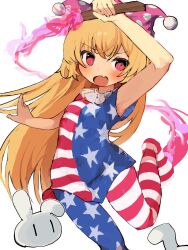Rule 34 | 1girl, @ @, american flag dress, american flag legwear, blonde hair, blush, clownpiece, covered navel, dress, fang, fire, foot out of frame, hat, highres, holding, holding torch, jester cap, long hair, neck ruff, open mouth, pantyhose, polka dot, red eyes, short sleeves, skin fang, smile, solo, star (symbol), star print, striped clothes, torch, touhou, tungsten mochoo, white background