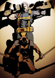 2boys belt cable cable_(marvel) deadpool deadpool_(series) dual_wielding gun holding holding_gun holding_sword holding_weapon holster katana marvel mature_male multiple_boys muscular muscular_male okazuwa_shake old old_man on_one_knee superhero_costume sword thigh_holster weapon western_comics_(style) white_hair x-men