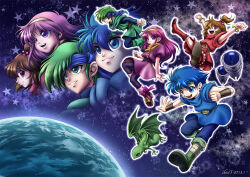 2boys 2girls aine_(hoshi_wo_miru_hito) ankle_socks artist_name asymmetrical_hair bandaged_leg bandages bare_arms belt belt_buckle black_leggings blue_eyes blue_hair blue_headband blue_pants blue_shirt blue_tunic boots bow bracelet bracer brown_belt brown_boots brown_hair buckle cape character_request clenched_hand closed_mouth dated dress earth_(planet) floating floating_clothes floating_hair footwear_bow full_body fuyuzato_seia gold_bracelet gold_buckle green_boots green_cape green_eyes green_hair green_headband green_tunic hair_between_eyes hair_bobbles hair_ornament hairband headband hoshi_wo_miru_hito jewelry knee_boots lace-trimmed_boots lace_trim leaning_forward leggings long_hair looking_ahead looking_at_viewer loose_socks minami_(hoshi_wo_miru_hito) misa_(hoshi_wo_miru_hito) monster multiple_boys multiple_girls one_side_up open_mouth outline outstretched_arm outstretched_arms pants pink_bow pink_dress pink_hair pink_socks planet pleated_dress pointy_nose projected_inset puffy_short_sleeves puffy_sleeves purple_belt purpled red_boots red_dress red_eyes robot scarf shiba_(hoshi_wo_miru_hito) shirt short_dress short_hair short_sleeves sidelocks smile socks space star_(symbol) teeth tunic turtleneck turtleneck_dress upper_teeth_only v-shaped_eyebrows white_outline yellow_hairband yellow_scarf