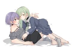 Rule 34 | 2girls, absurdres, bang dream!, bang dream! it&#039;s mygo!!!!!, barefoot, black choker, blue dress, blush, choker, closed mouth, commentary, dress, frilled choker, frills, green hair, grey shirt, grey socks, hair ornament, hairclip, highres, kaeru (kaeee41917105), leg between thighs, long hair, long sleeves, multiple girls, off-shoulder shirt, off shoulder, pink eyes, purple hair, shirt, short hair, simple background, socks, sweatdrop, toes, wakaba mutsumi, white background, yellow eyes, yuri, yuutenji nyamu
