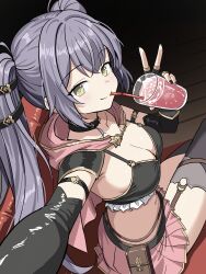 1girl absurdres arm_strap armor armpits belt_pouch black_choker black_gloves black_shirt black_thighhighs breasts cape choker cleavage closed_mouth crop_top cup drinking_straw elbow_gloves epic_seven fingerless_gloves frilled_shirt frills from_side garter_straps gloves gold_trim green_eyes grey_hair hand_up highres holding holding_cup long_hair looking_at_viewer medium_breasts midriff miniskirt navel outstretched_arm pauldrons pink_cape pink_skirt pleated_skirt pouch rinak_(epic_seven) selfie shirt shoulder_armor single_garter_strap single_pauldron sitting skirt sleeveless sleeveless_shirt smile solo spaghetti_strap stomach thighhighs twintails v very_long_hair wojiuaichiyaoguojiding zettai_ryouiki